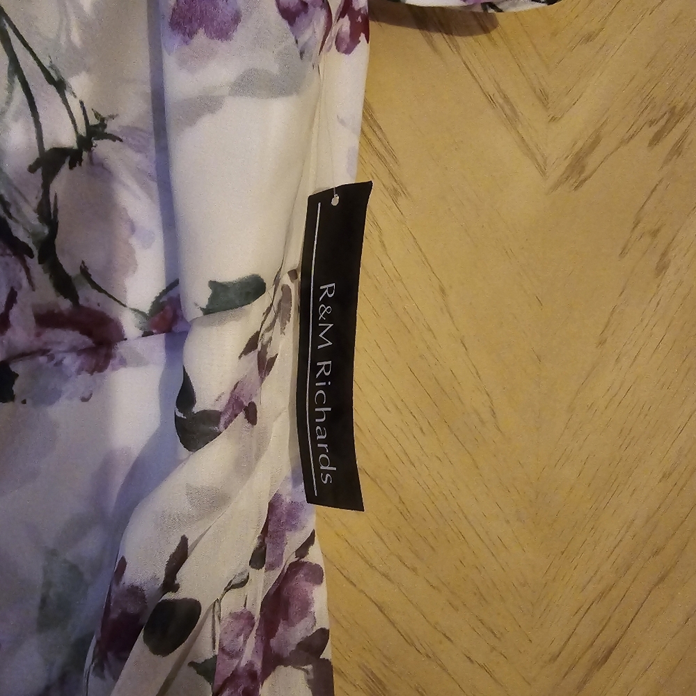 R&M Richards Rhinestone Off the Shoulder Floral Dress. White/ Purple/Green. 16 - Picture 6 of 16